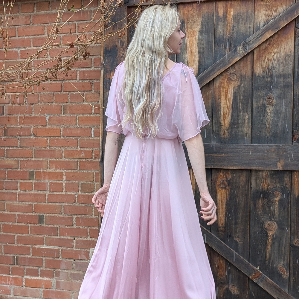 Vintage 70s Pink Pearl Shawl Collar Maxi Gown, Size S - Picture 4 of 16